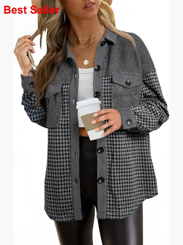 Casual Long Sleeve Button Down Plaid Jacket With Pockets